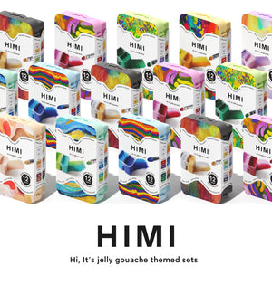 HIMI Twin Cup Gouache Set - 12 Soft Pastel Colours (Purple Case) set contents and packaging detail.