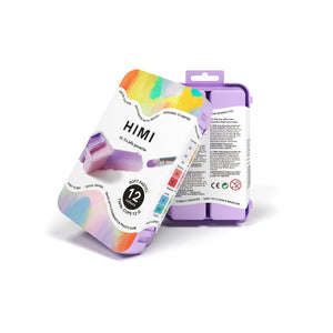 HIMI Twin Cup Gouache Set - 12 Soft Pastel Colours (Purple Case) closed compact purple carry case.