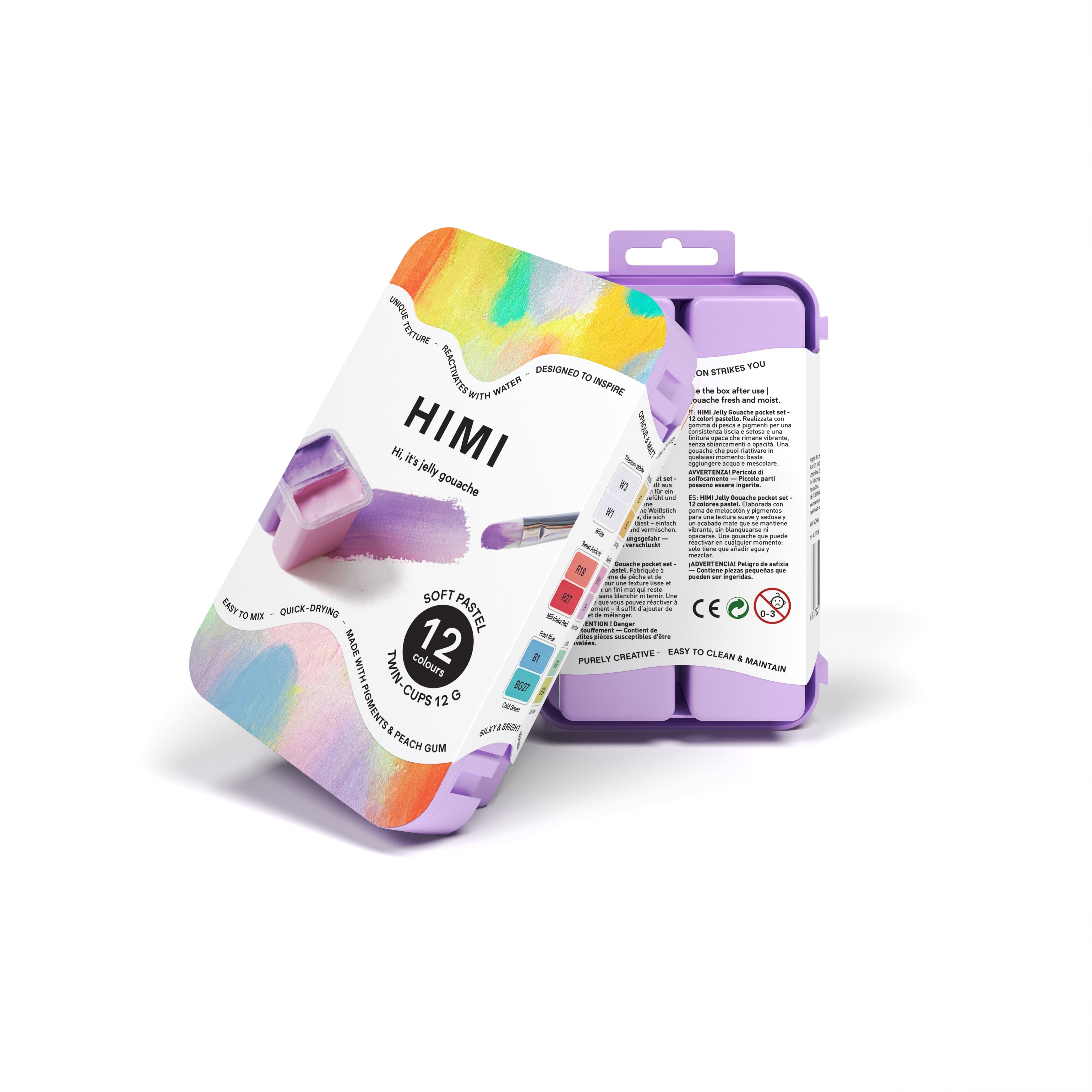 HIMI Twin Cup Gouache Set - 12 Soft Pastel Colours (Purple Case) closed compact purple carry case.