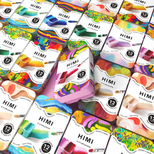HIMI Twin Cup Gouache Set - 12 Super Vibrant Colours (Yellow Case) shown with the full twin cup collection.
