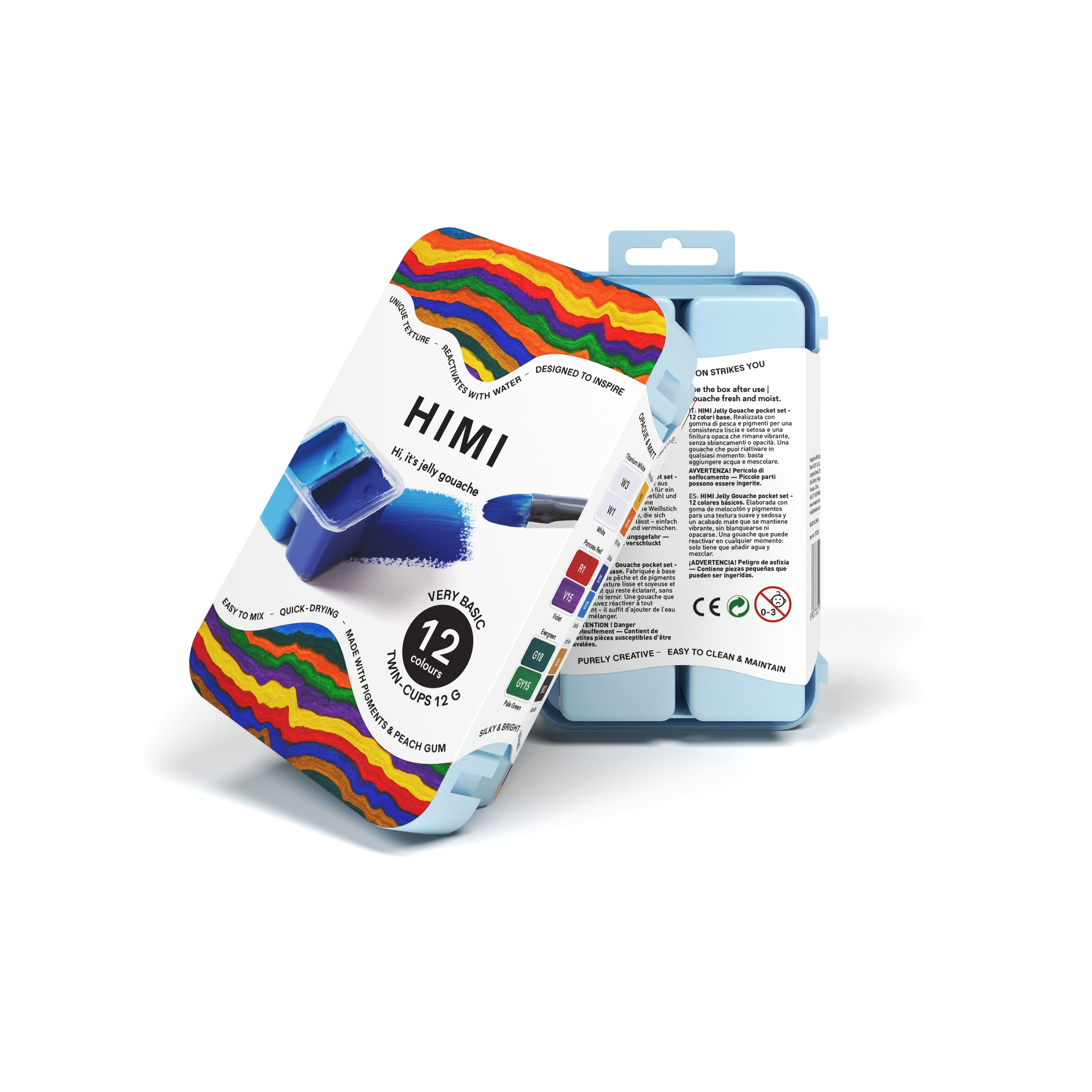 HIMI Twin Cup Gouache Set - 12 Very Basic Colours (Ice Blue Case) closed compact ice blue carry case.