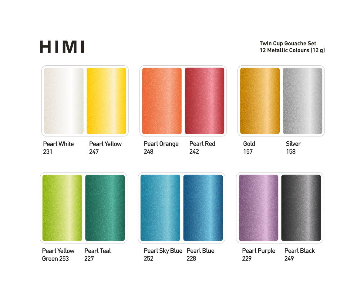 Colour chart of the 12 metallic shades in the HIMI Twin Cup Gouache Set Metallic Edition.
