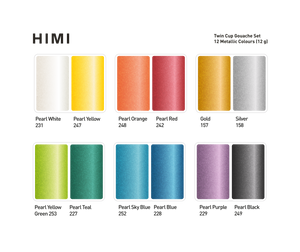 Colour chart of the 12 metallic shades in the HIMI Twin Cup Gouache Set Metallic Edition.