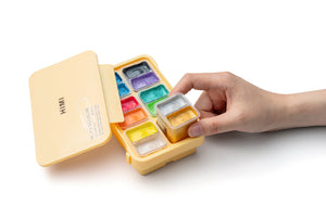 HIMI Twin Cup Gouache Set - 12 Colours (Yellow Case Metallic Edition) size comparison.