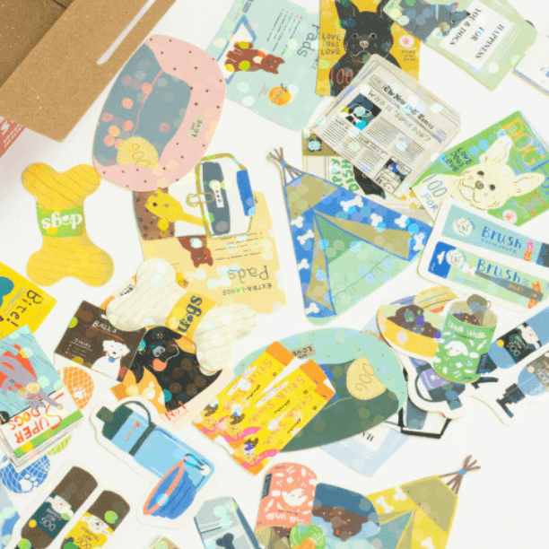 Haco Dog Supplies Stickers featuring colorful mini designs for journaling, scrapbooks, and planners in a playful unboxing experience.