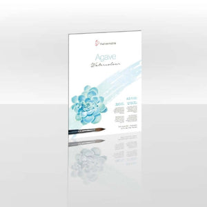 Agave Watercolour 290gsm paper with 70% agave fibre and 30% cotton, ideal for watercolour techniques, displayed with a paintbrush.