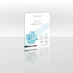 Agave Watercolour 290gsm paper with 70% agave and 30% cotton, ideal for watercolour techniques, shown in A4 size with brush.