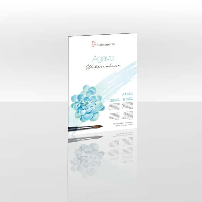 Agave Watercolour 290gsm paper with 70% agave and 30% cotton, ideal for watercolour techniques, shown in A4 size with brush.