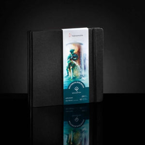 Hahnemühle 100% Cotton Watercolour Book, 14x14cm, black cover with a colorful watercolor design and label.