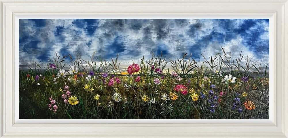 Heart of the Meadow by Kimberley Harris oil painting of English countryside in full bloom with wildflowers and dramatic sky.