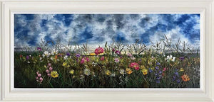 Heart of the Meadow by Kimberley Harris oil painting of English countryside in full bloom with wildflowers and dramatic sky.