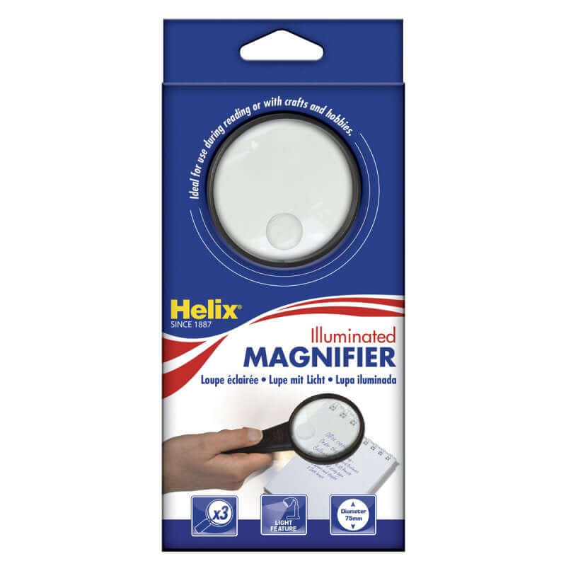 Helix Illuminated Magnifier with LED for reading, close work, and crafting in low light, includes inset lens and batteries