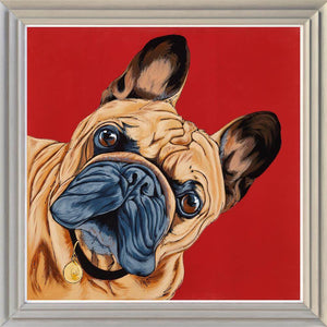 Bespoke pet portrait of a French Bulldog with a red background, created by a bradburyART artist, featuring vibrant colors and detail.