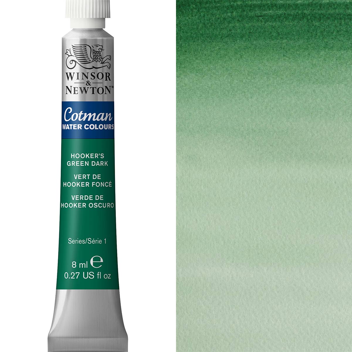 Winsor & Newton Cotman Watercolour paint tube Hooker's Green Dark 8ml with swatch on side.