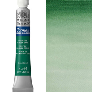 Winsor & Newton Cotman Watercolour paint tube Hooker's Green Dark 8ml with swatch on side.