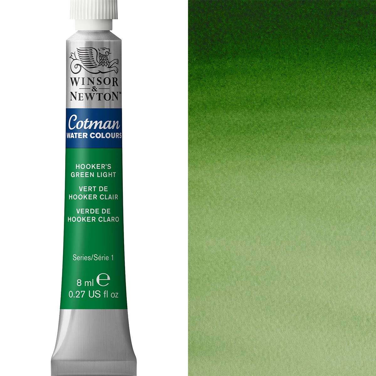 Winsor & Newton Cotman Watercolour paint 8ml tube in Hooker's Green Light shade, ideal for artists and hobbyists.