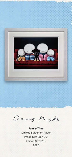 Doug Hyde's 'Family Time' limited edition artwork, featuring a family on a couch, showcasing themes of mindfulness and emotion.