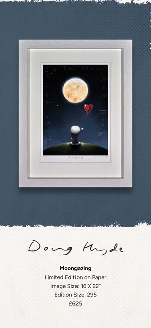 "Moongazing by Doug Hyde framed print with figure looking at full moon and heart balloon, text features 'to the moon and back'."