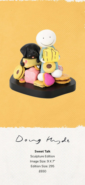 Doug Hyde's 'Sweet Talk' sculpture featuring iconic figure with a black Labrador and British treats like Jammie Dodgers and Battenberg.
