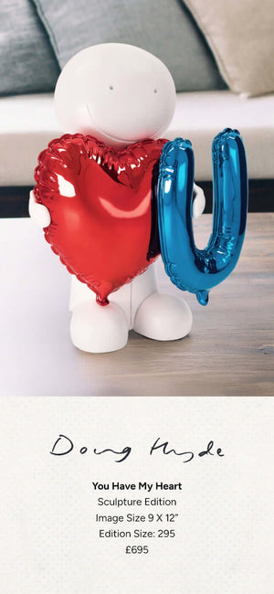Doug Hyde's 'You Have My Heart' sculpture with smiling figure holding red heart and blue 'U' balloons, limited edition art piece.