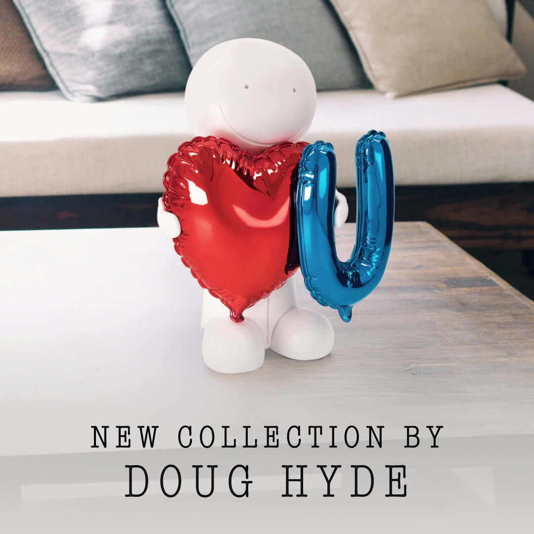 Doug Hyde's sculpture 'You Have My Heart' featuring a smiling figure with red heart and blue 'U' balloons, limited edition.