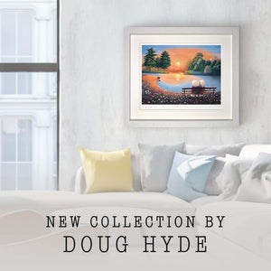 Doug Hyde's 'Together Time' art depicting a romantic lakeside scene with figures and a dog at sunset, part of the 'Days Like These' collection.