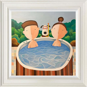 Painting titled "I Think He Want's to Get In by Michael Abrams" featuring Ted and Rose in a hot tub with a dog observing.