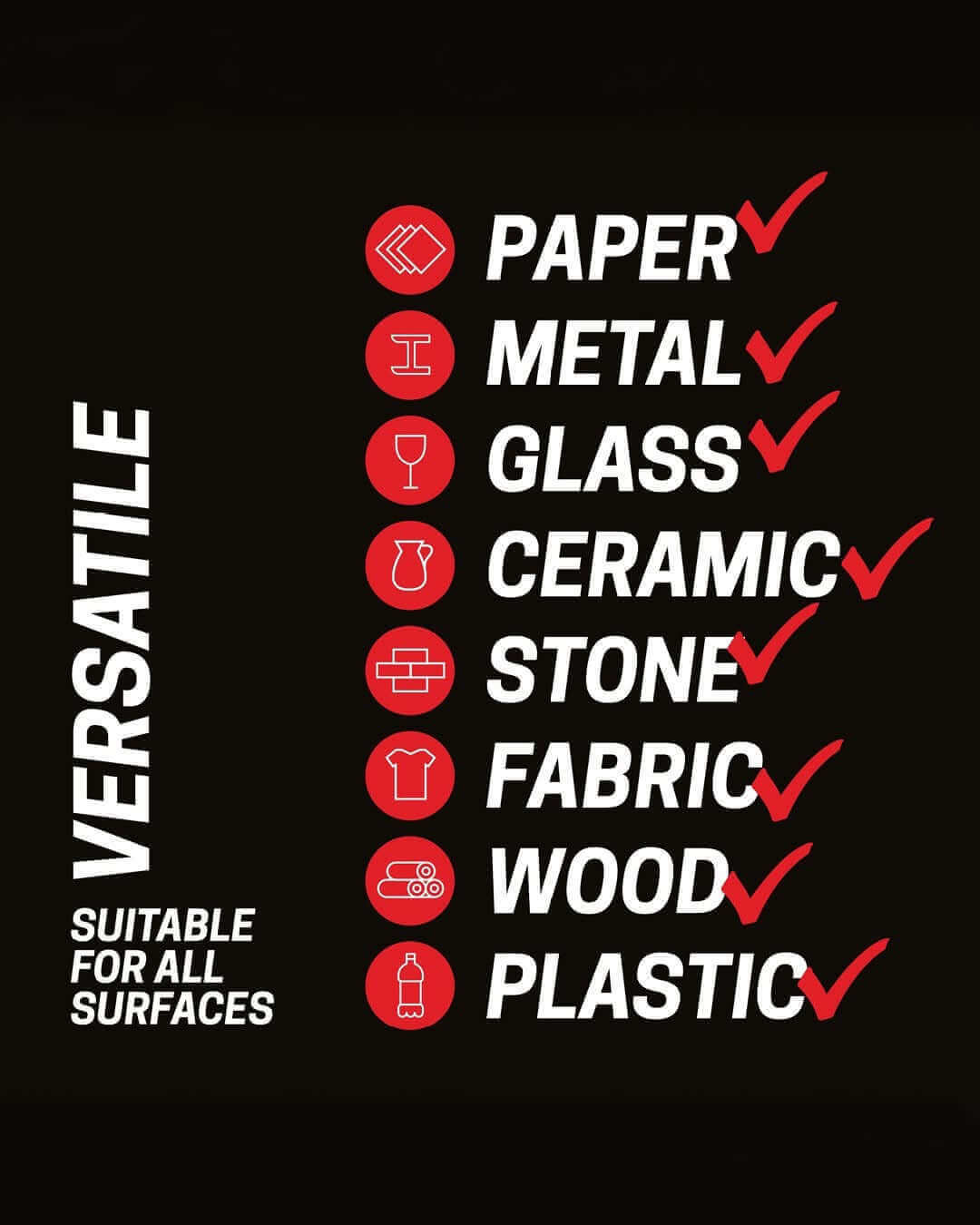 Versatile POSCA Brush PC-5BR capabilities chart showing suitability for surfaces like paper, metal, glass, ceramic, stone, fabric, wood, plastic.