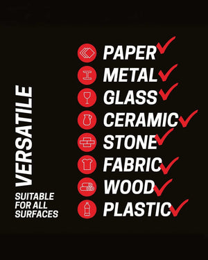 Versatile POSCA Brush PC-5BR capabilities chart showing suitability for surfaces like paper, metal, glass, ceramic, stone, fabric, wood, plastic.