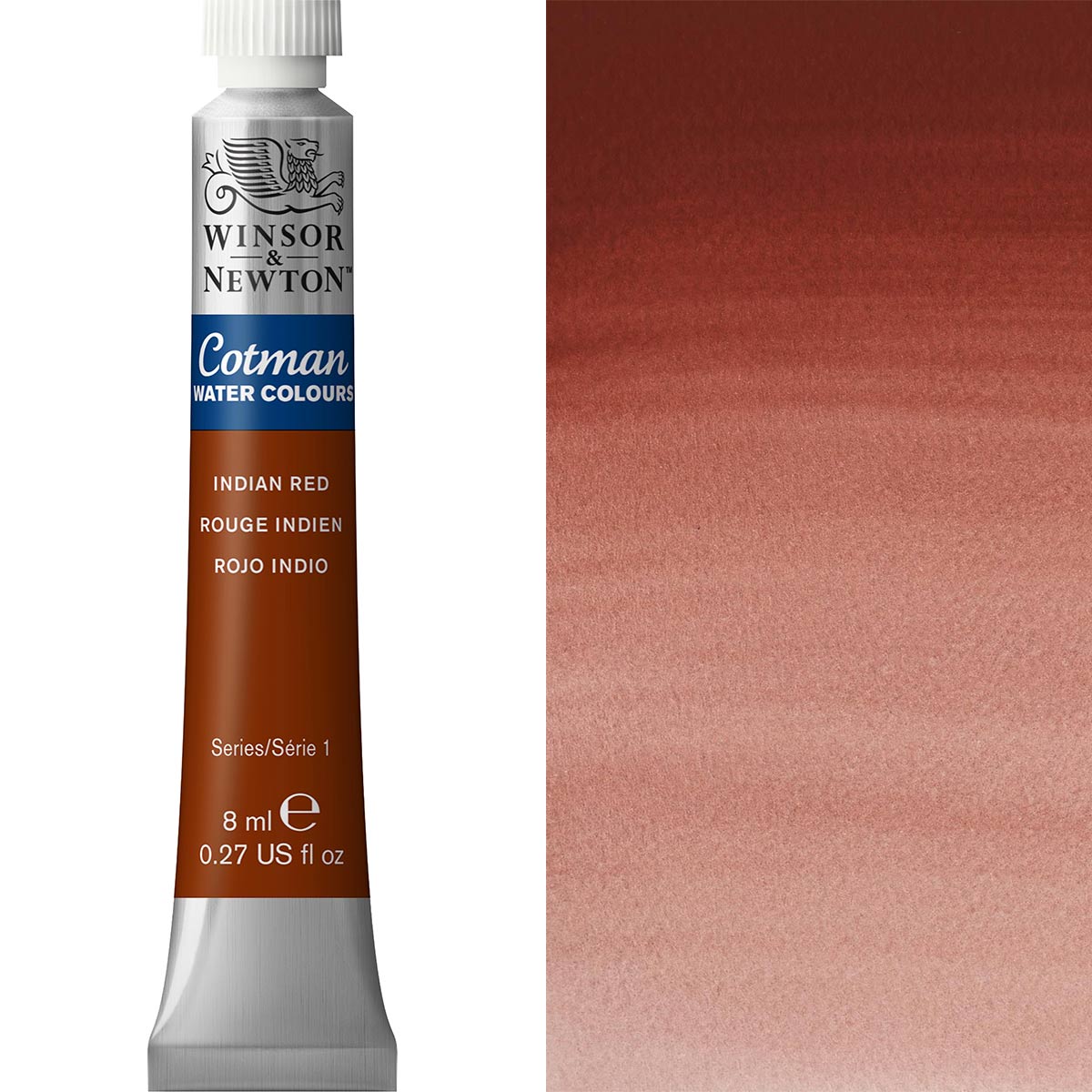 Winsor & Newton Cotman Indian Red Watercolour Paint 8ml tube with swatch, ideal for artists and hobbyists.