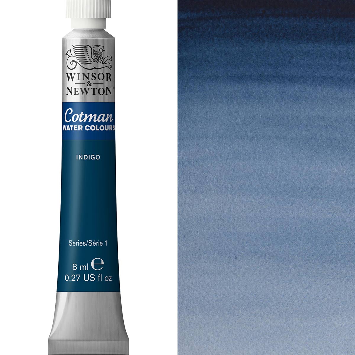Winsor & Newton Cotman Indigo watercolour paint tube with swatch, 8ml, perfect for artists and hobbyists.