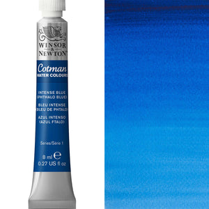 Winsor & Newton Cotman Watercolour paint tube in Intense Blue (Phthalo Blue) next to a painted swatch.