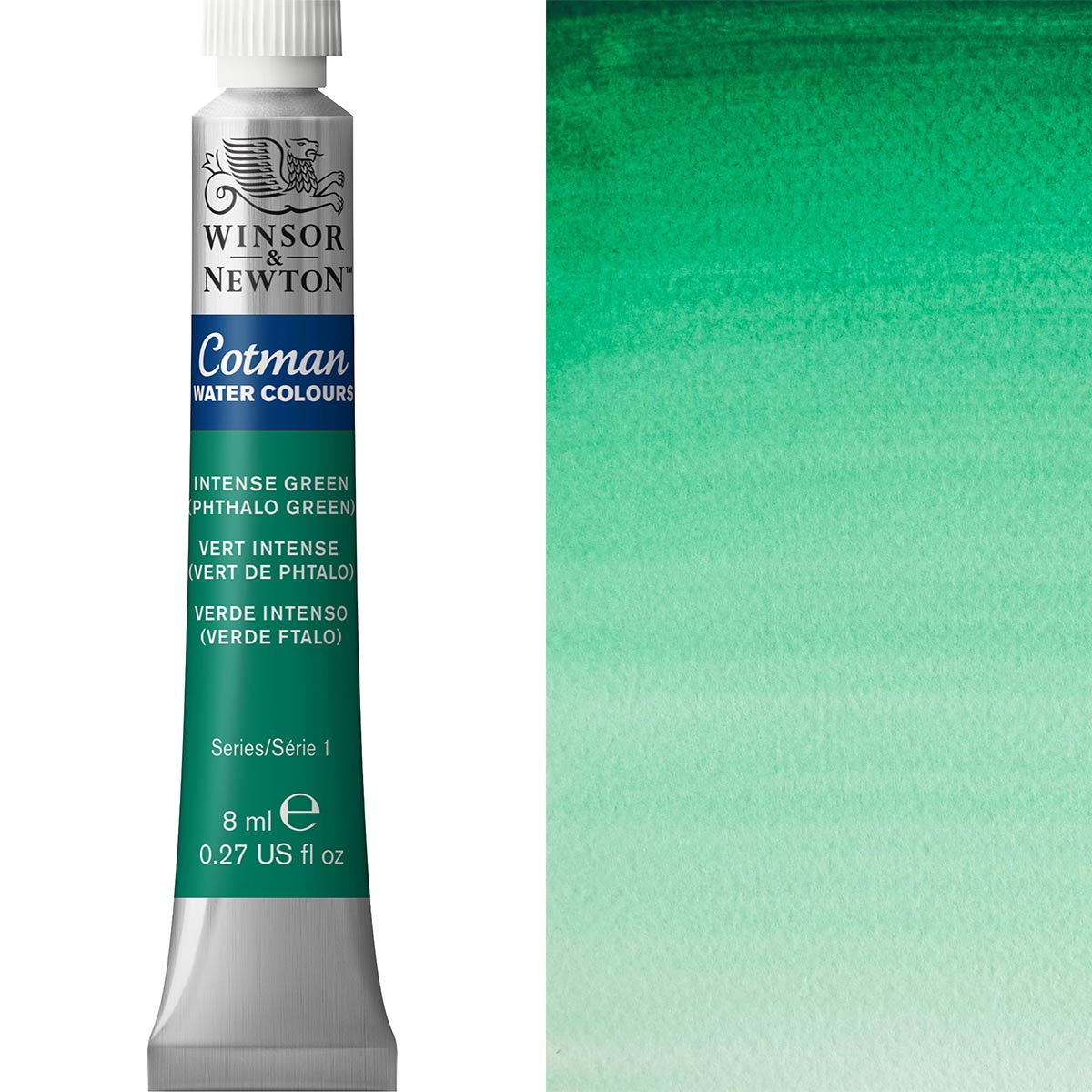 Winsor & Newton Cotman Watercolour paint tube in Intense Green, 8ml, showcasing vibrant transparent color.