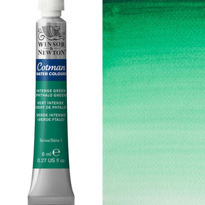 Winsor & Newton Cotman Watercolour paint tube in Intense Green, 8ml, showcasing vibrant transparent color.