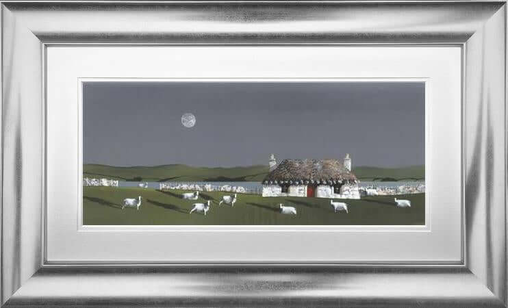 Island Croft by Nick Potter, moonlit rural landscape with croft and sheep, limited edition framed art print.