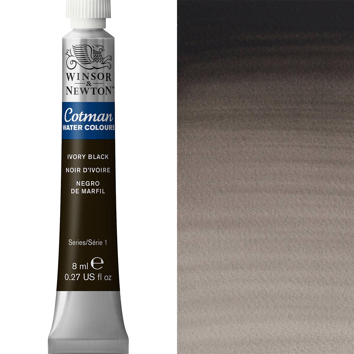 Winsor & Newton Cotman Watercolour paint in Ivory Black 8ml tube and swatch for artists.
