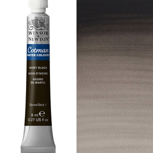 Winsor & Newton Cotman Watercolour paint in Ivory Black 8ml tube and swatch for artists.