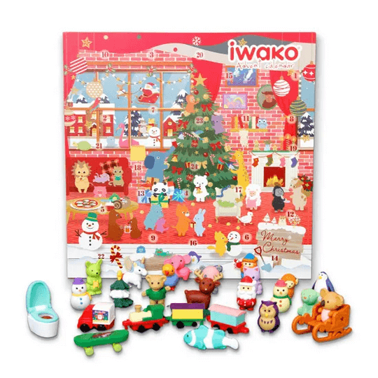 Iwako Advent Calendar 2025 with Christmas-themed kawaii puzzle erasers displayed in front of festive packaging.