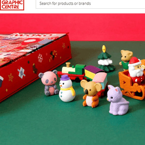 Iwako Advent Calendar 2025 with kawaii eraser characters including a bear, snowman, train, and Santa displayed on a festive green background.