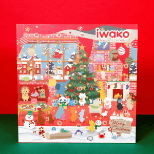 Iwako Advent Calendar 2025 featuring kawaii puzzle erasers for a Christmas picnic theme, made in Japan with display play sheet.