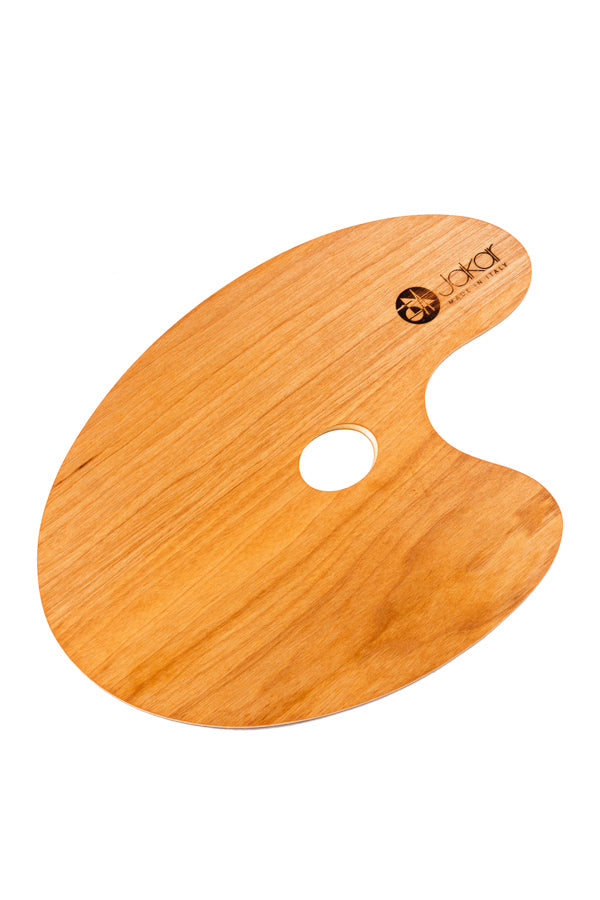 Jakar palette, varnished walnut/poplar laminate, 25 x 35cm, flat, oval shaped, with thumb hole, medium