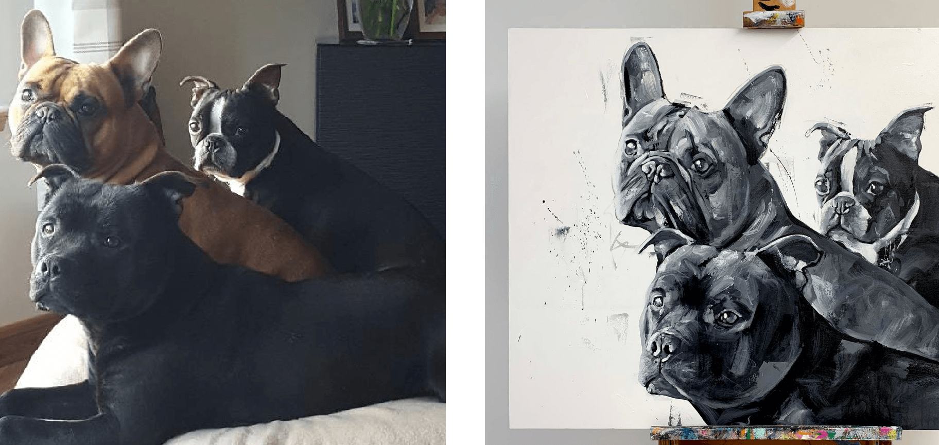 Three French Bulldogs in a cozy setting beside a detailed black and white pet portrait canvas capturing their likeness.