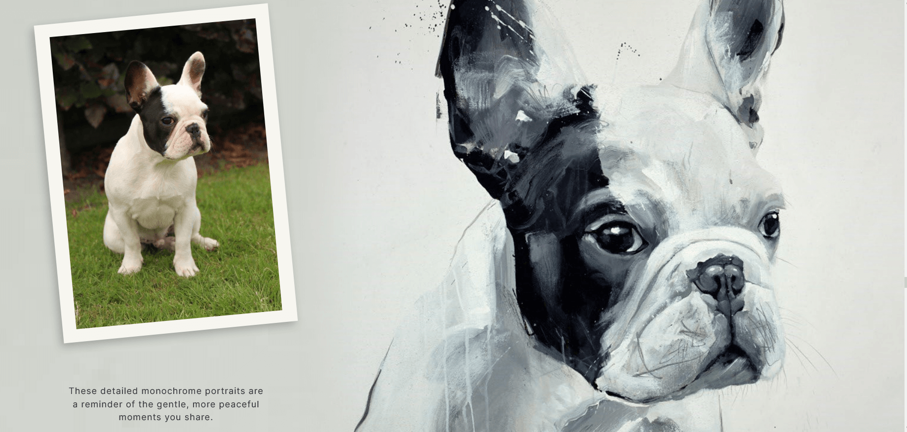 Monochrome pet portrait of a French Bulldog by bradburyART, showcasing bespoke artistry with attention to detail and pet's personality.