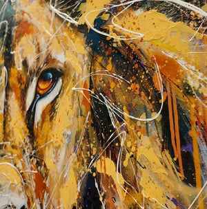 Abstract lion art - Maximus Deluxe by Joe Galindo, featuring vibrant colors and dynamic brushstrokes in a close-up of a lion's eye.