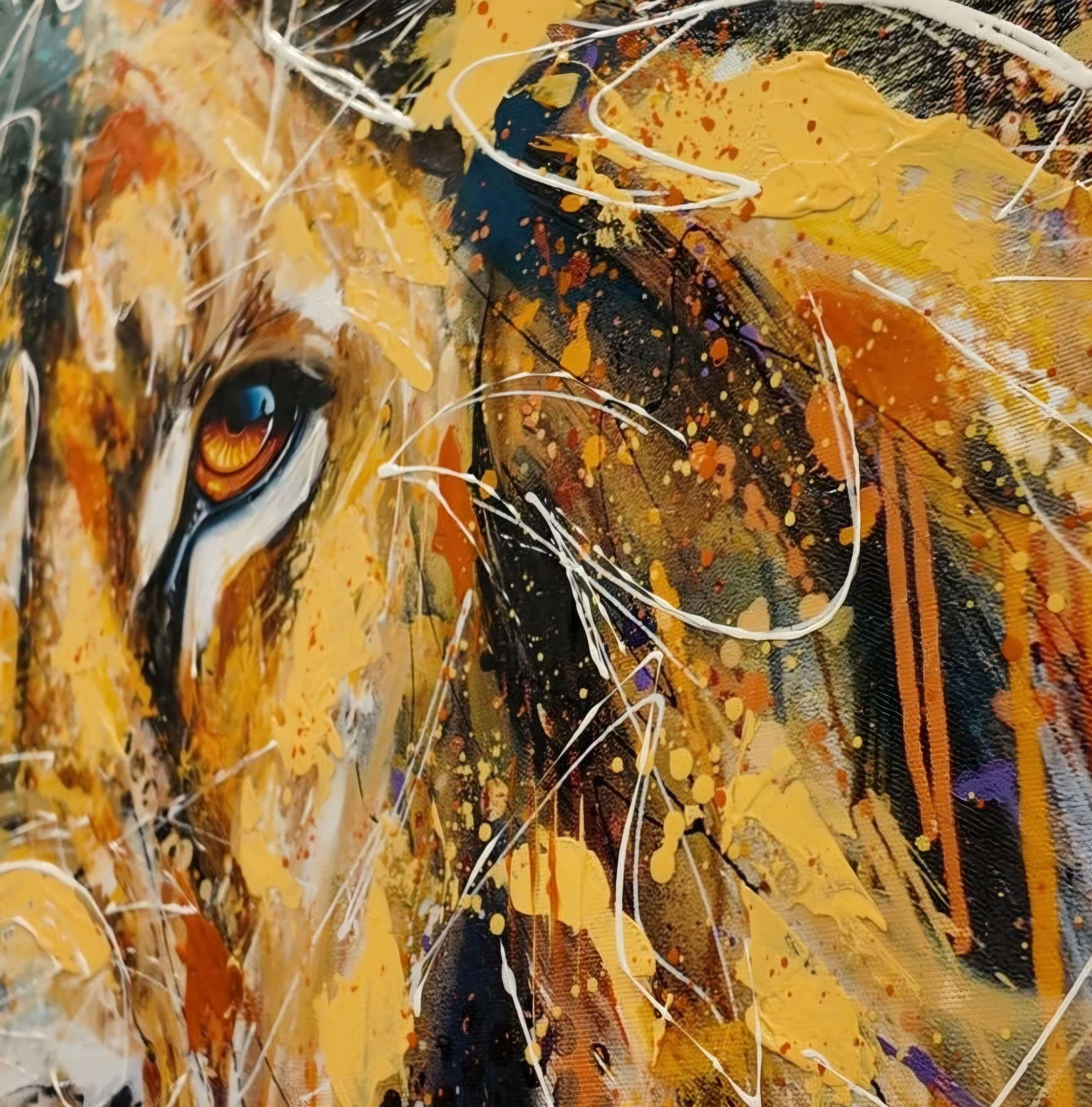Abstract lion art - Maximus Deluxe by Joe Galindo, featuring vibrant colors and dynamic brushstrokes in a close-up of a lion's eye.