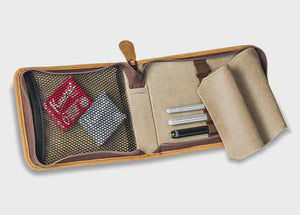 Kaweco Traveller’s Case – Nubuck Leather, 6-Pen Capacity shown open with pens and accessories inside.