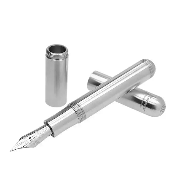 Kaweco SUPRA Fountain Pen – Stainless Steel, Medium Nib displayed with cap off, showcasing its sleek CNC-machined design.