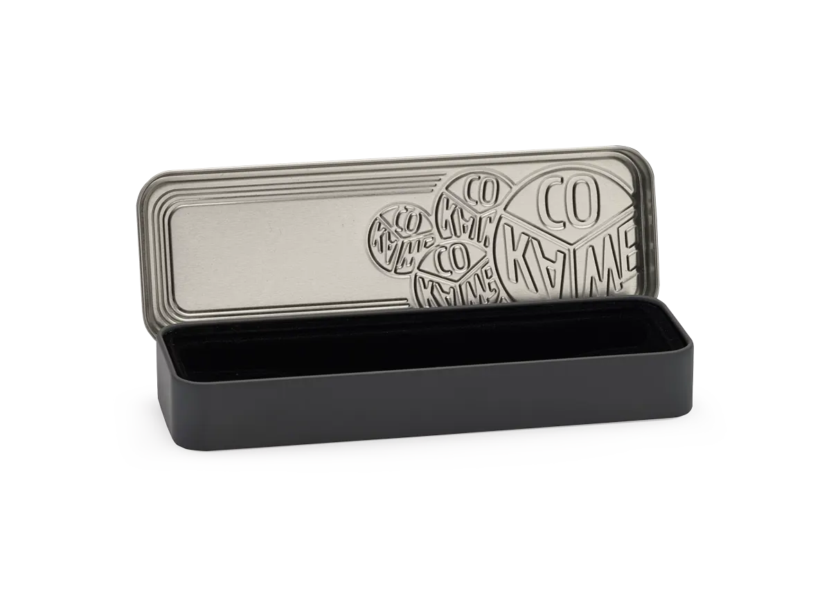 Open Kaweco tin box showing the ORIGINAL fountain pen and blue ink cartridge inside
