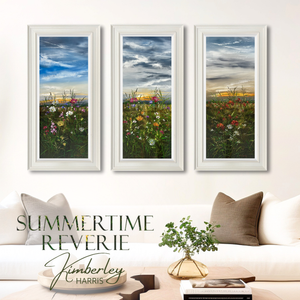 Summertime Reverie triptych by Kimberley Harris, featuring luminous landscapes and stunning floral designs.