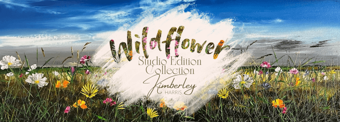 Wildflower studio edition collection by Kimberley Harris, featuring vibrant wildflowers and a serene blue sky background.